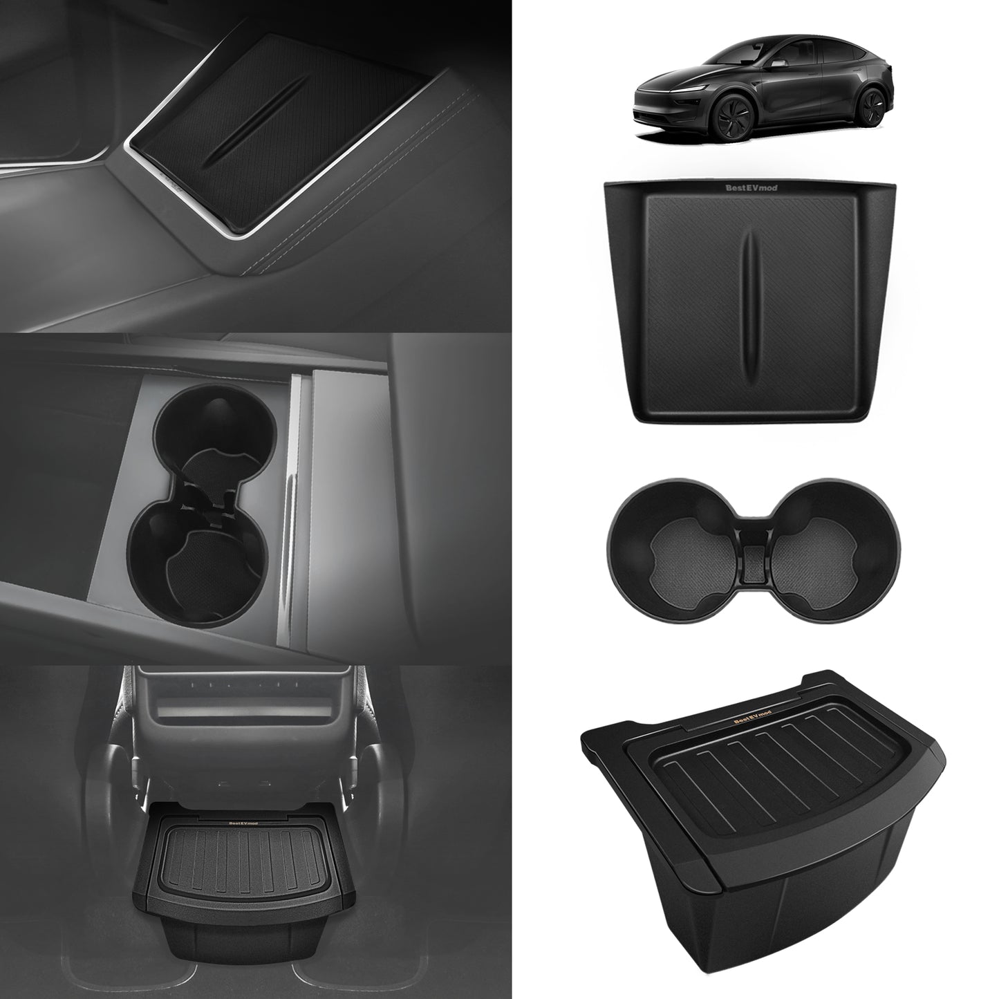 3PCS Console Essentials Bundle Trash CanRear Center Console Organizer & Wireless Charger Mat & Cup Holder Insert for 2026+ Model Y Juniper Refresh