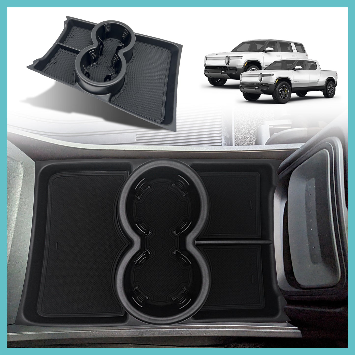 Compatible with Rivian R1T R1S Lower Center Console Organizer Tray with Large Capacity Drink Cup Holder from BestEvMod