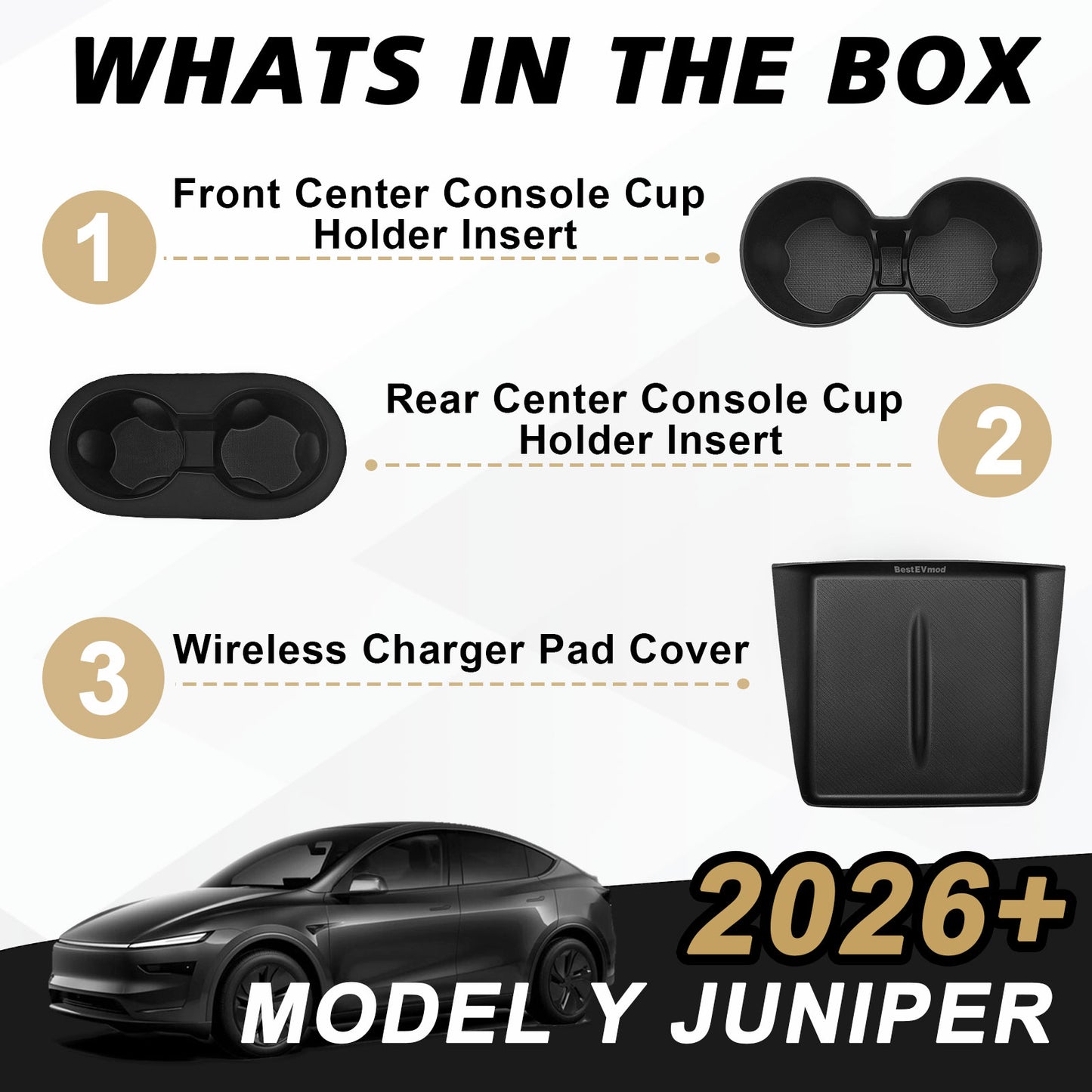 3PCS Console Essentials Bundle Front & Rear Center Console Cup Holder Inserts + Charger Pad Cover for 2026+ Model Y Juniper Refresh