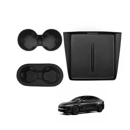 3PCS Console Essentials Bundle Front & Rear Center Console Cup Holder Inserts + Charger Pad Cover for 2026+ Model Y Juniper Refresh