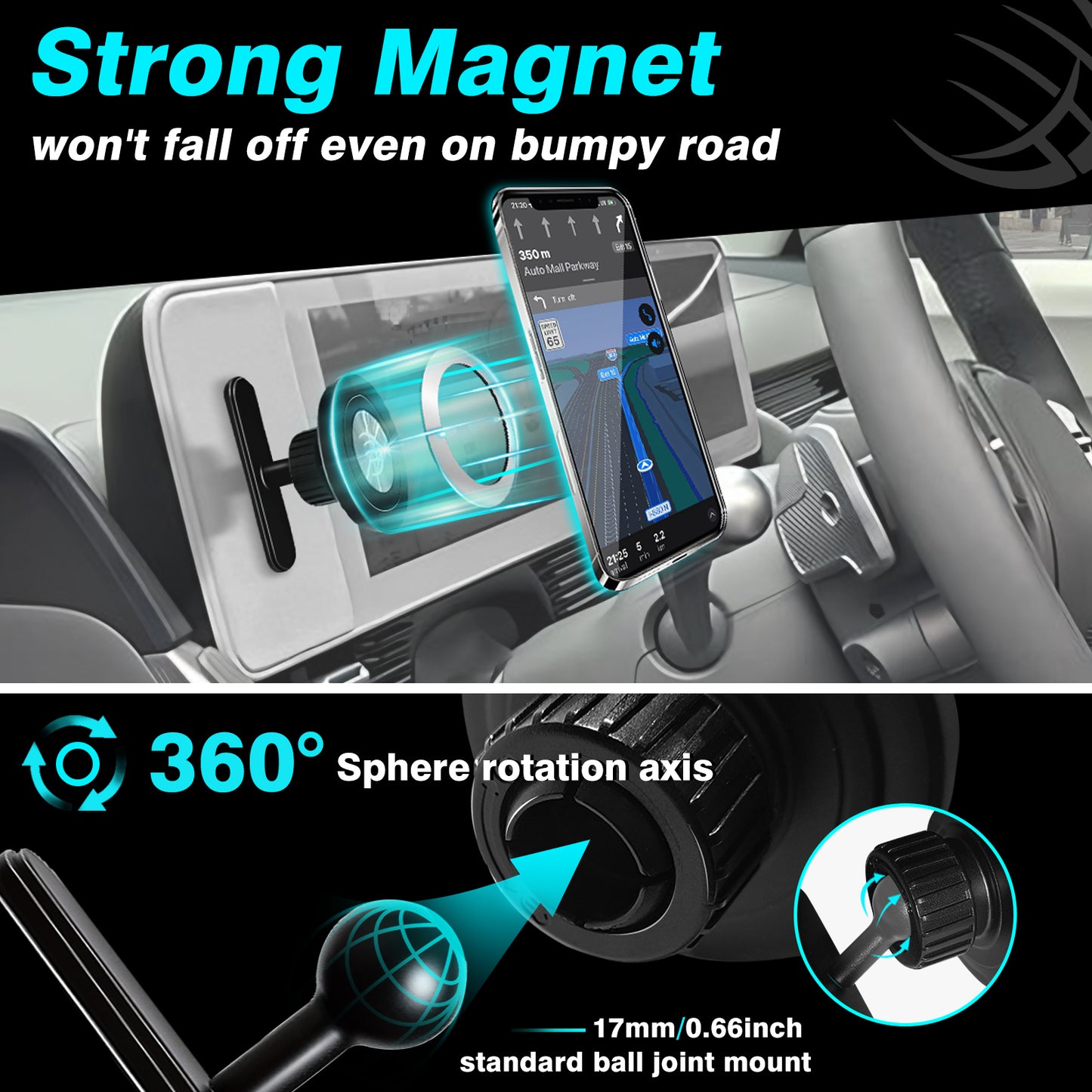 Magnetic Phone Holder for Hyundai Ioniq 5, Ioniq 9 , Sonata, Kona, Kona Electric, Santa Fe (SE, SEL, XRT Trims only)