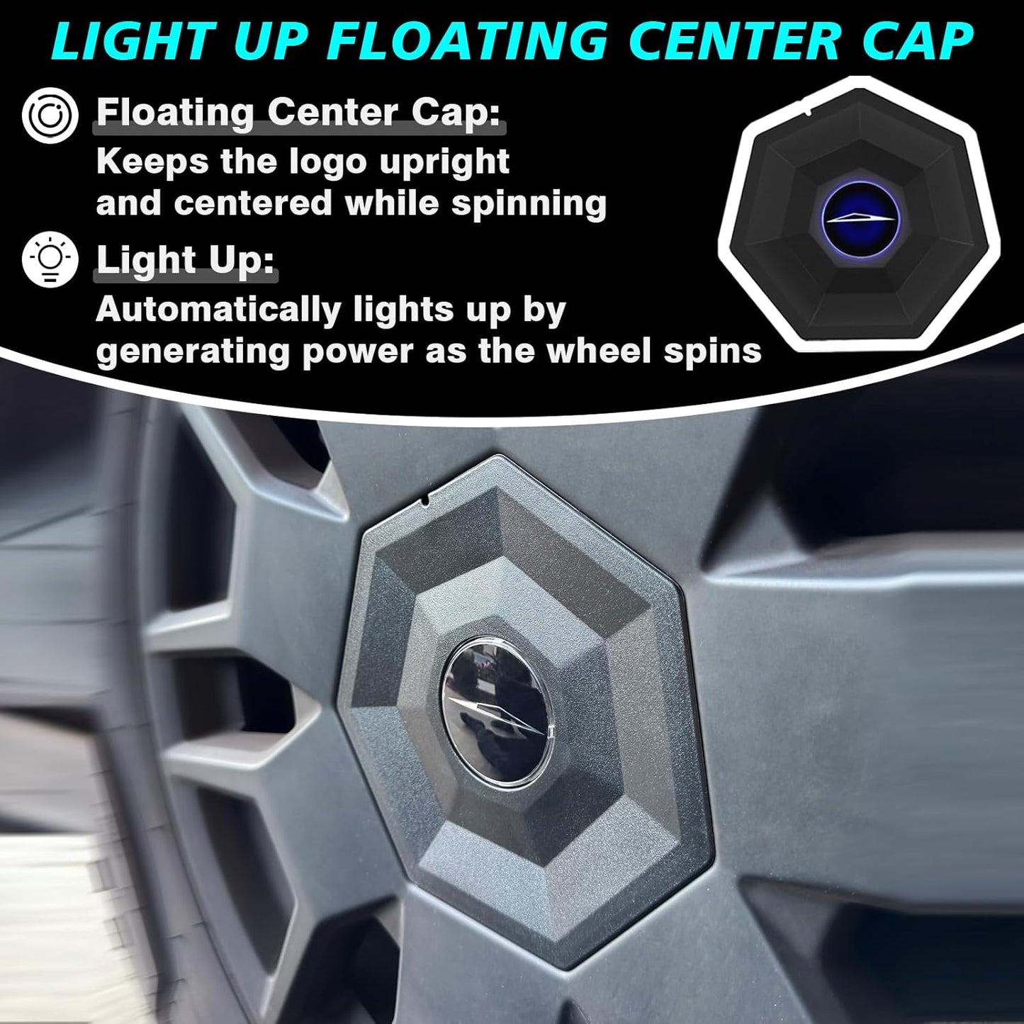 BestEvMod 4PCS Light Up Floating Center Wheel Cap for Cybertruck